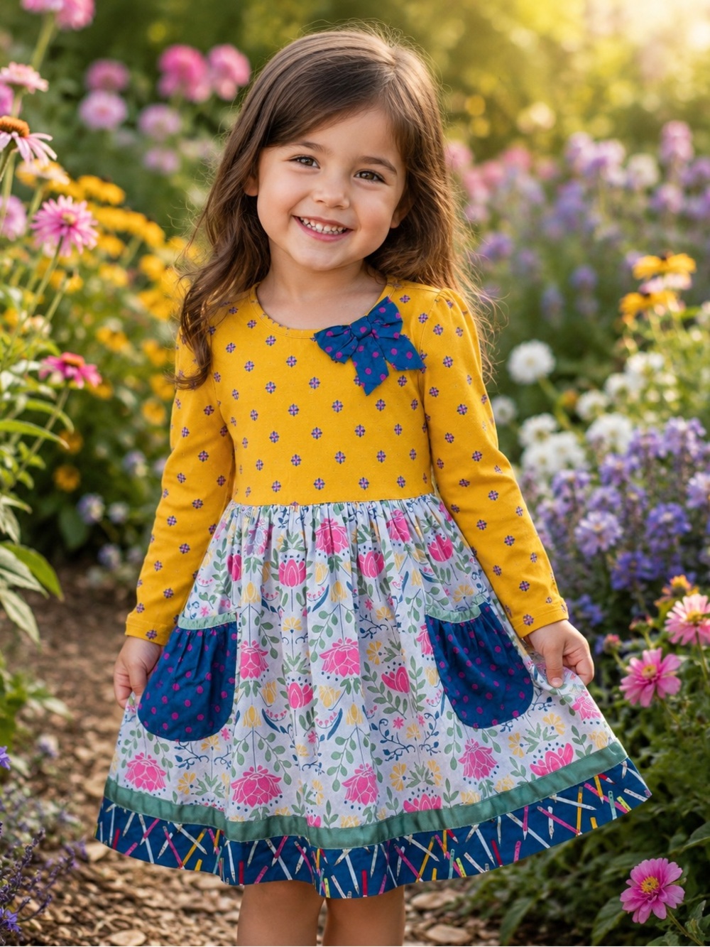 Matilda Jane long sleeved Yellow, blue, Pink Floral Dress with pockets & bow